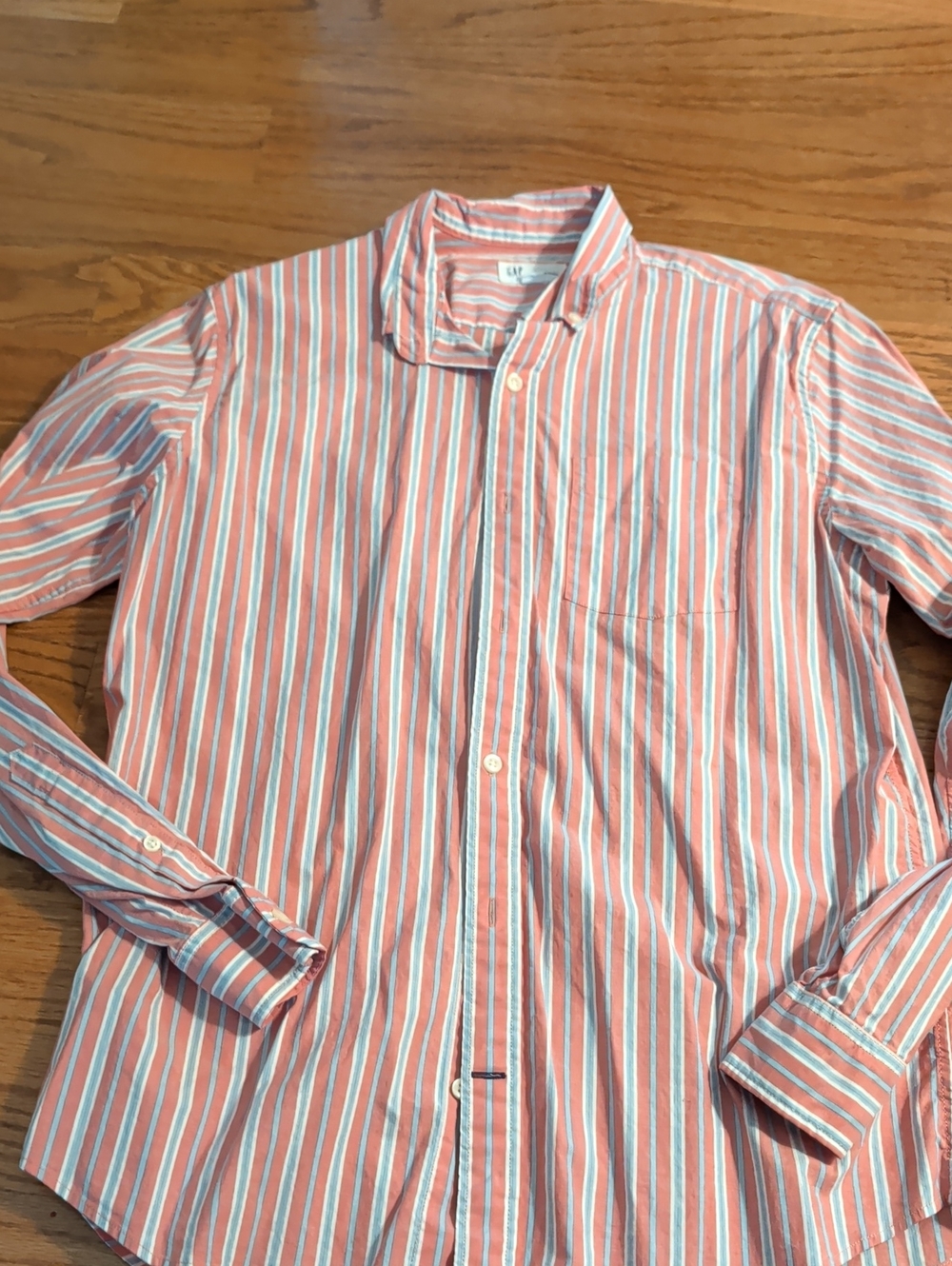 GAP Men's Coral, White & Light Blue Striped Button-Down Shirt